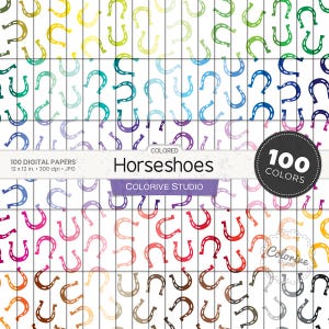 Digitaal papier met 100 gekleurde hoefijzers, naadloos regenboogpatroon in westernstijl, printbare scrapbookachtergronden (commercieel gebruik)