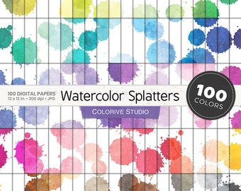 Papel digital con salpicaduras de acuarela, 100 colores arcoíris, texturas de fondo con gotas de acuarela, colores pastel brillantes, papeles imprimibles para álbumes de recortes.