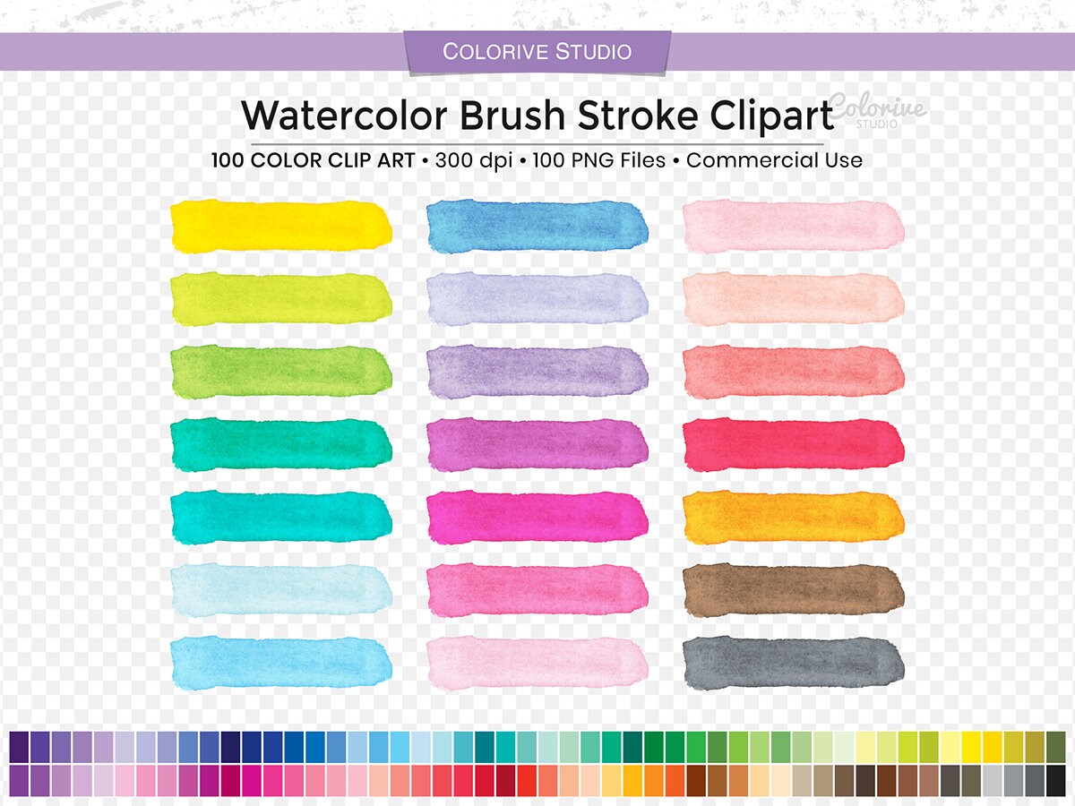 100 Watercolor Brush Stroke clipart rainbow colors watercolor texture brush png illustration planner stickers personal and commercial use