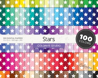 May include: 100 digital papers with white stars on a variety of colored backgrounds. Each paper is 12 inches by 12 inches and 300 dpi. The papers are labeled "Stars" and "Colorive Studio".