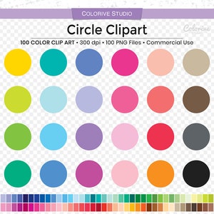 May include: A set of 100 circle clipart images in various colors, including yellow, green, blue, purple, pink, red, brown, gray, and black. The circles are arranged in a grid pattern. 100 COLOR CLIP ART 300 dpi. 100 PNG Files Commercial Use.