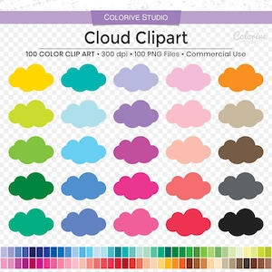 Puede incluir: Un conjunto de 100 imágenes de clipart de nubes en varios colores, incluidos amarillo, verde, azul, morado, rosa, naranja, marrón, gris y negro. Las nubes son todas de estilo simple y de dibujos animados. 100 COLOR CLIP ART 300 dpi 100 PNG Files Commercial Use