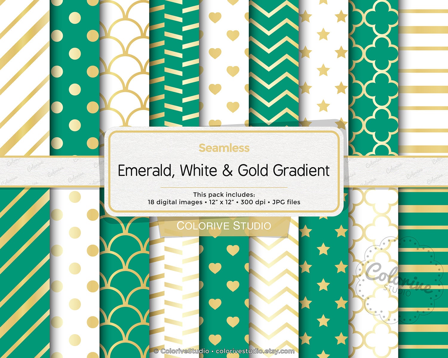 Emerald White & Gold Digital Paper Emerald Green and Gold Etsy