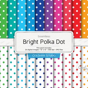 Carta digitale Bright Polka Dot, motivo a pois nei colori dell'arcobaleno su sfondi bianchi e colorati, carte per scrapbooking (download immediato)