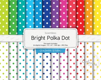 Bright Polka Dot digital paper, rainbow colors polkadot pattern on white and colored backgrounds, scrapbook papers (Instant Download)