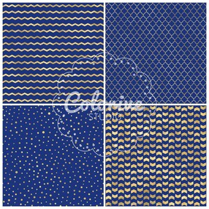 Puede incluir: Una colecci&oacute;n de cuatro patrones de papel digital con un fondo azul marino profundo y dise&ntilde;os en oro met&aacute;lico. Los patrones incluyen zigzags horizontales, una celos&iacute;a de cuatrifolio, peque&ntilde;os puntos dispersos y un estampado de flechas en chevron vertical.