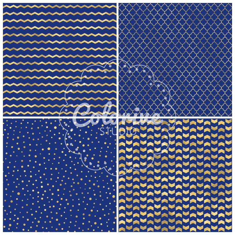 Puede incluir: Una colecci&oacute;n de cuatro patrones de papel digital con un fondo azul marino profundo y dise&ntilde;os en oro met&aacute;lico. Los patrones incluyen zigzags horizontales, una celos&iacute;a de cuatrifolio, peque&ntilde;os puntos dispersos y un estampado de flechas en chevron vertical.