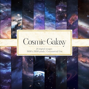 Könnte beinhalten: Eine Sammlung von 24 digitalen Bildern mit kosmischen Galaxienmotiven in tiefem Blau, Violett und sternenreichen Nebeln. Der zentrale Text lautet Cosmic Galaxy, 24 digital images, 3600 x 3600 pixels, Commercial Use. Jedes Feld zeigt Weltraum.