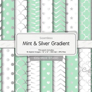 Mint, White & Silver digital paper, mint and silver, white and silver gradient, silver patterns, scrapbook papers (Instant Download)