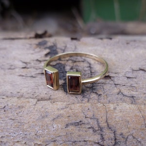 14K Solid gold open ring with garnets, geometric open ring with red stones, 14k yellow gold and baguette shaped red gemstones