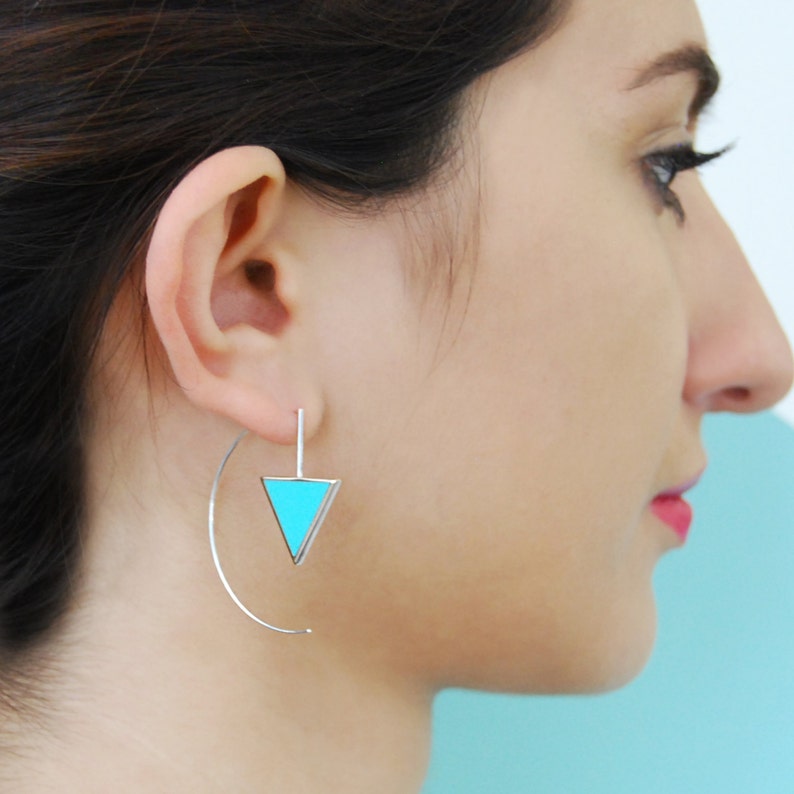 Geometric Hoop Triangle Earrings Pink Earrings Silver Etsy