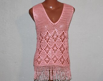 Vintage Coral Pink Crochet Top Tunic with Fringe Size XS