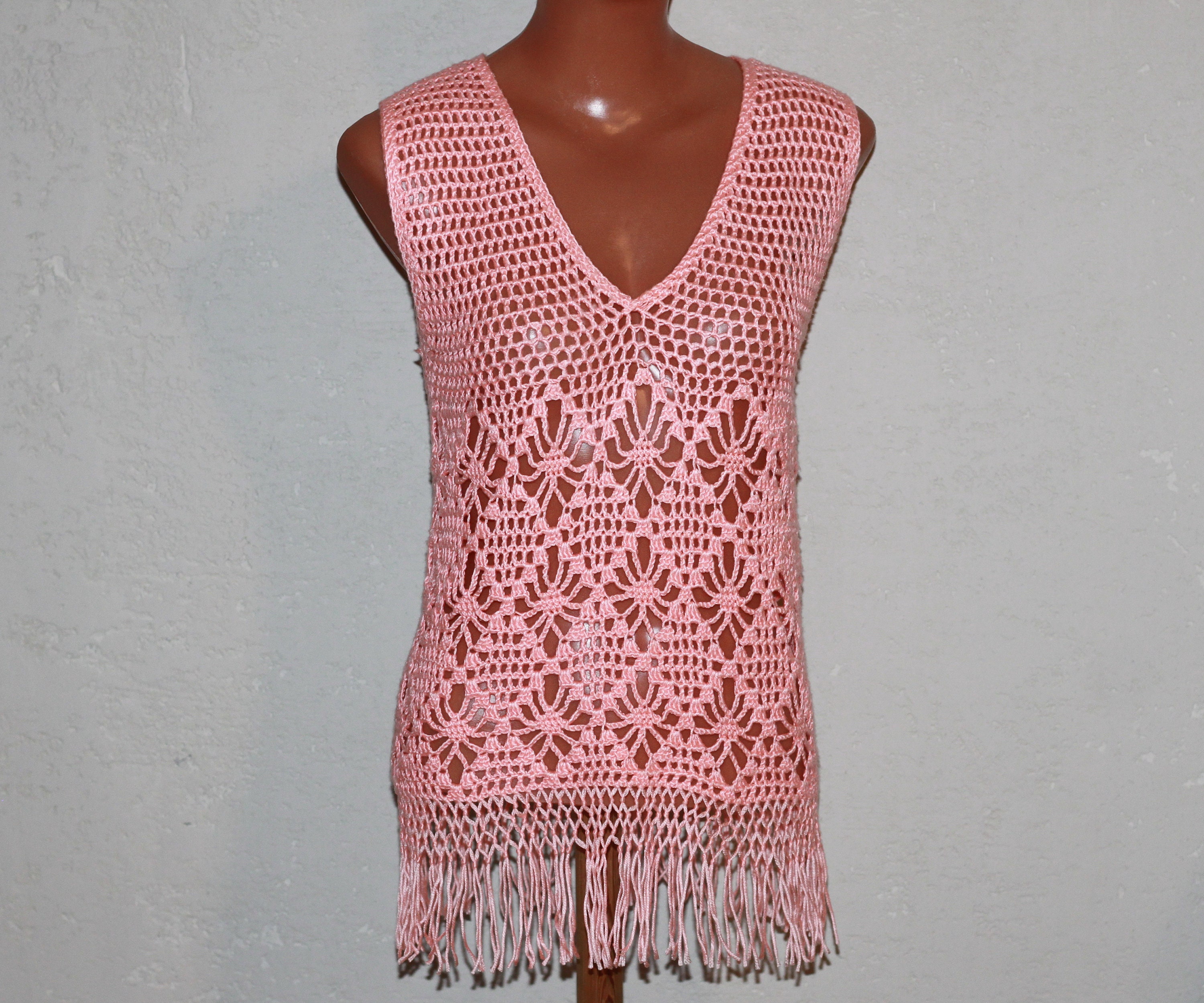Vintage Coral Pink Crochet Top Tunic With Fringe Size XS - Etsy