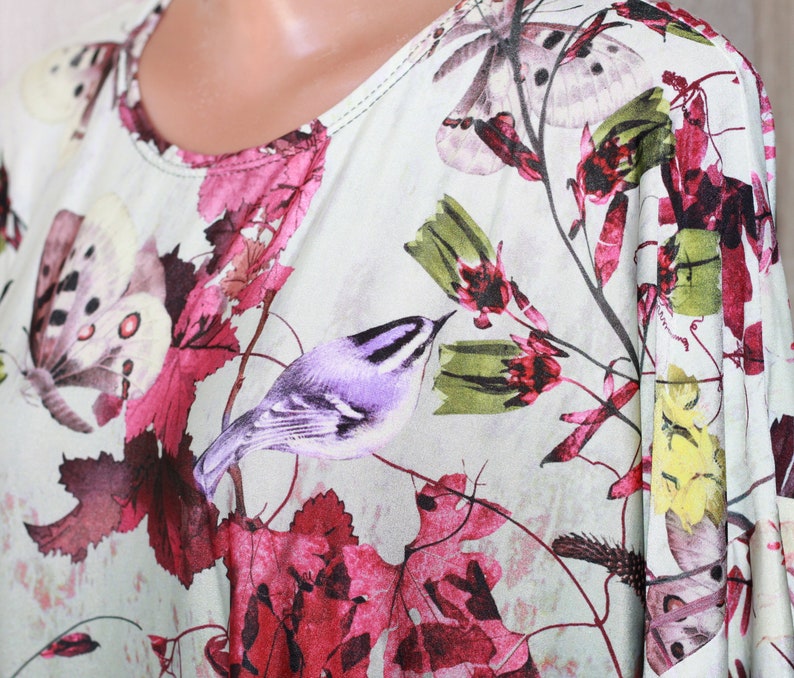 Floral Print Bird Butterflies Nature Oversized Top T Shirt Blouse Size XXL
