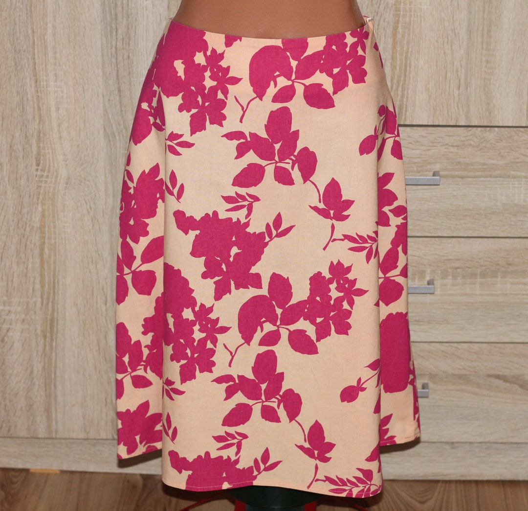 Vintage Linen Cotton Light Yellow Pink Flower Print Knee Length Skirt ...