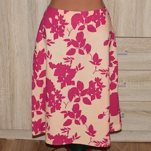 Vintage Linen Cotton Light Yellow Pink Flower Print Knee Length Skirt Size S