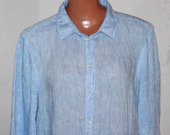 Light blue linen blouse, Long sleeve shirt, Size L