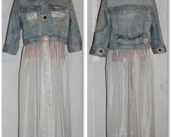 Upcycled Long Denim and Lace Jacket Coat Half Sleeves Size M/L