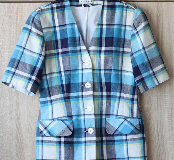 Blue Checkered Summer Jacket Blazer with Short Sl… - image 1