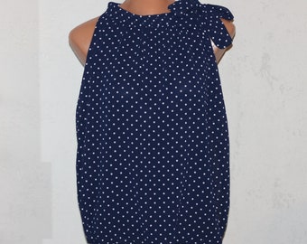 Vintage Navy Blue Polka Dot Sleeveless Blouse with Collar Bow Size M/L