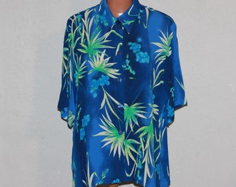Vintage viscose blouse, Bright blue top, Size XL