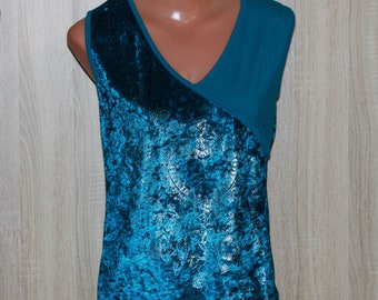 Turquoise Velvet Sleeveless Top with Glossy Print Size S