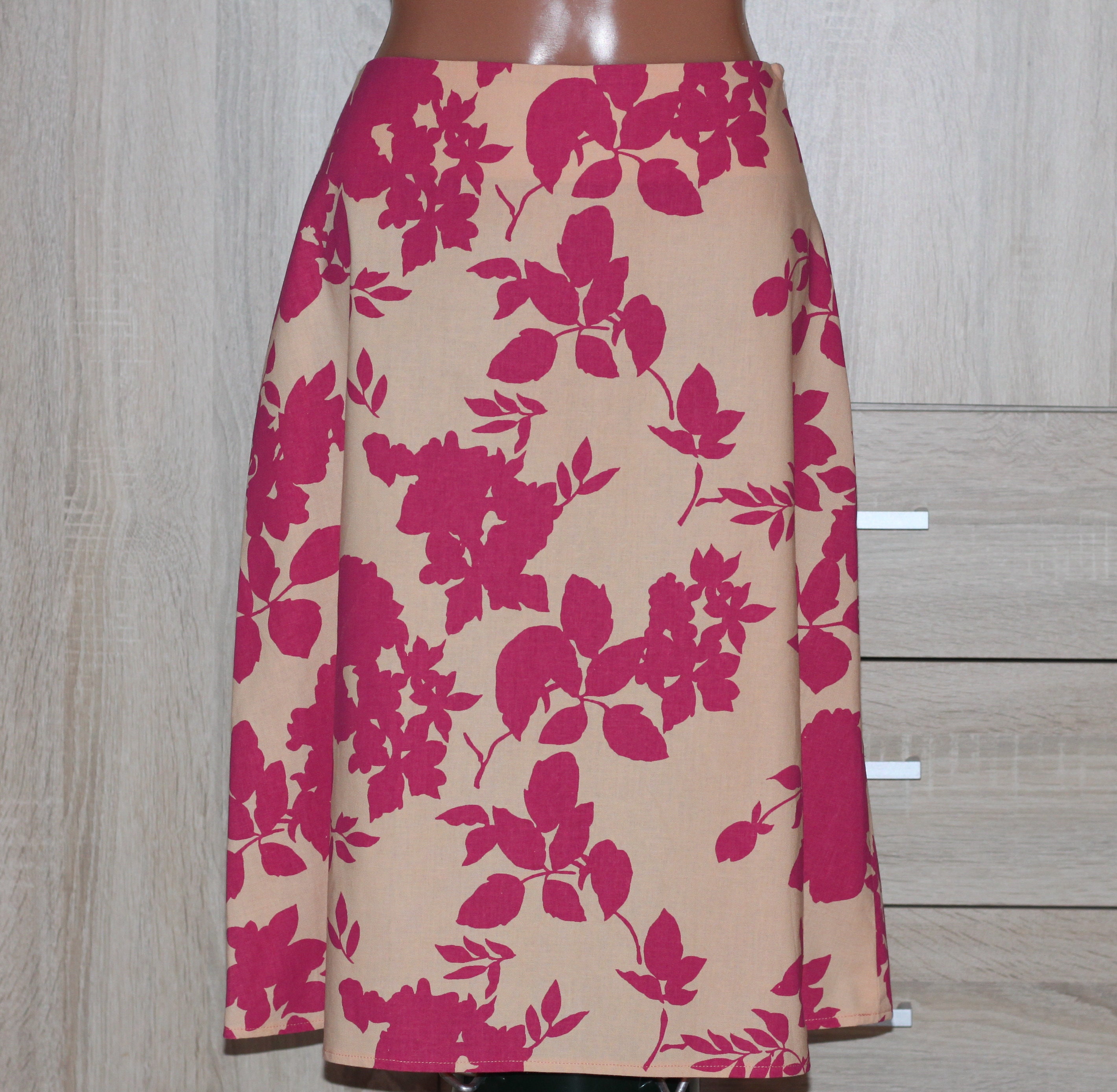 Vintage Linen Cotton Light Yellow Pink Flower Print Knee Length Skirt ...
