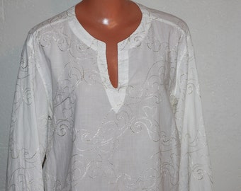 White Embroidered Cotton Blouse Tunic Size M/L