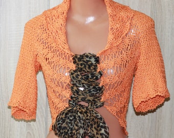 Vintage Crocheted Bolero Jacke Orange Tied Top Size S/M
