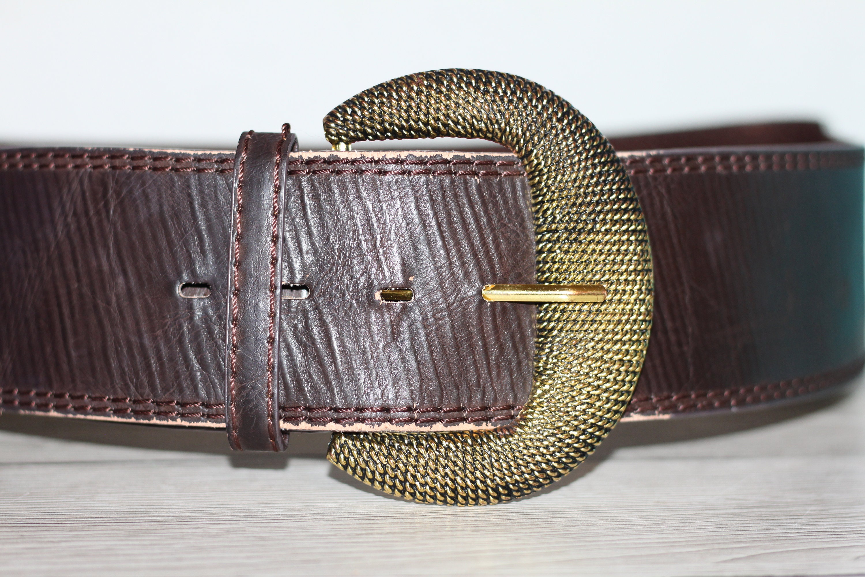 VTG Sean Whelan Embroidered Brown Leather Belt Elephant Buckle Large