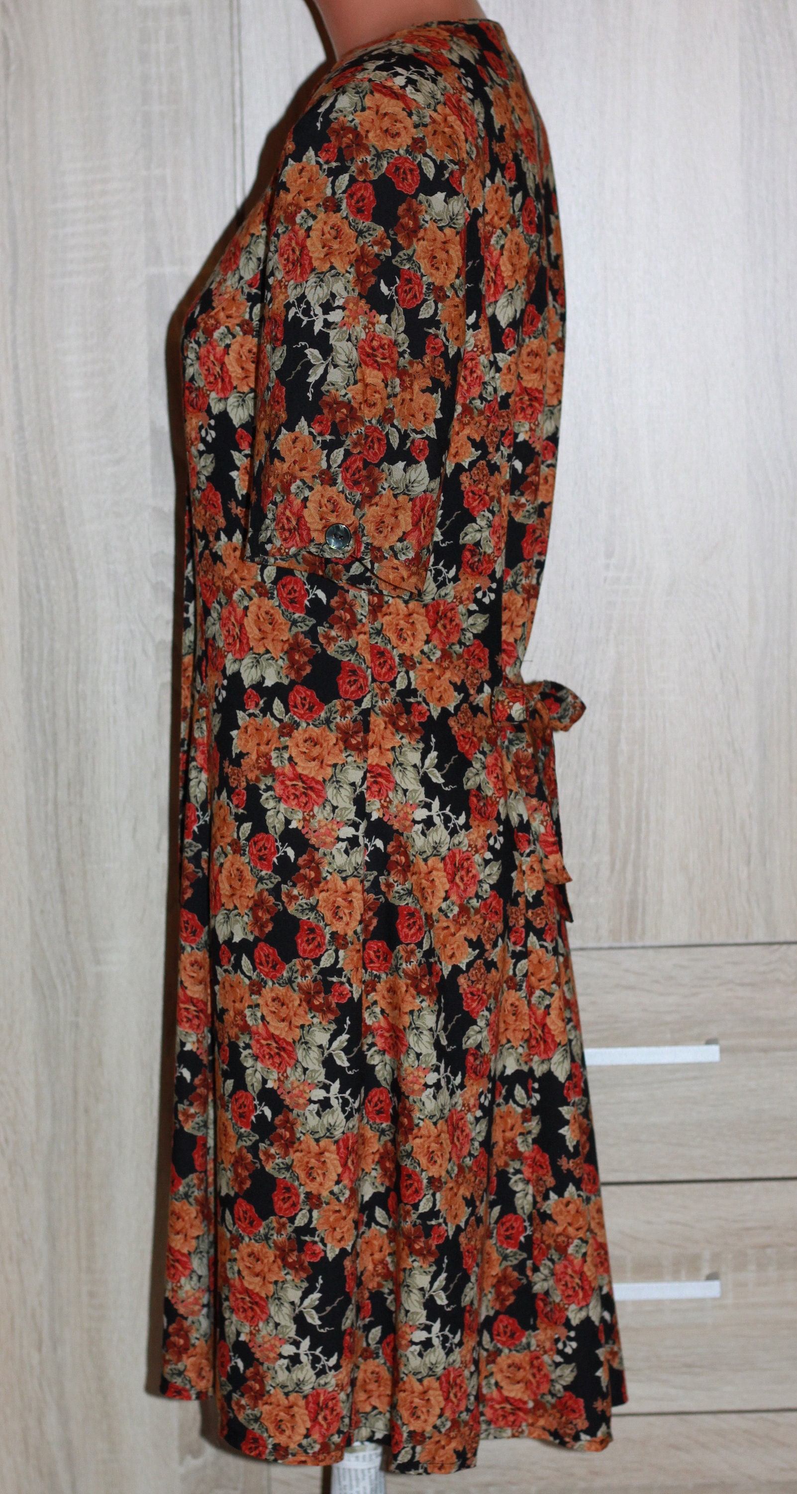 Vintage Black Brovn Floral Print Dress Size M - Etsy