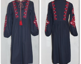Dark Blue Cotton Folk Ethnic Dress with Red Embroidery Puffy Sleeves Size M