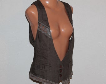Brown Ramie Vest with Lace Trim Size S