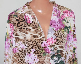 Lilac floral print blouse, long polyester jersey blouse, Size 48