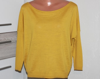 Dark Yellow Bat Sleeve Short Wool Blend Thin Knit Sweater Size M/L