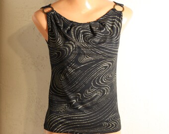 Black with Gold Abstract Print Stretch Sleeveless Top Size S