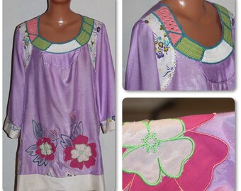 Pastel Lilac Cotton Blend Tunic with Embroidered Flowers Size L