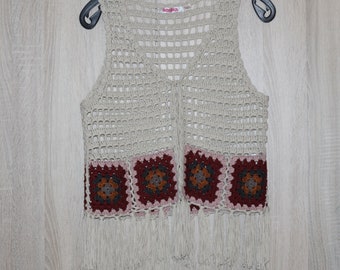Crocheted Square Vest Top with Fringe Ivory Multicolor Size S/M