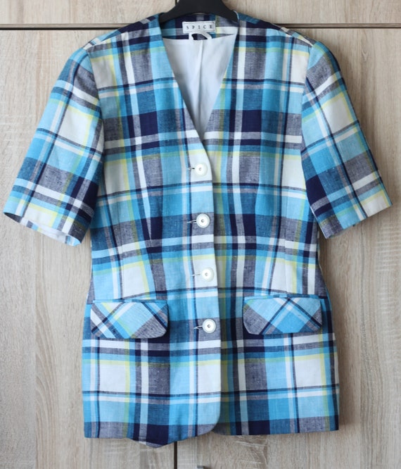 Blue Checkered Summer Jacket Blazer with Short Sl… - image 2