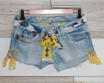 Light Blue Cotton Denim Embroidered Shorts with Fringes Size XS