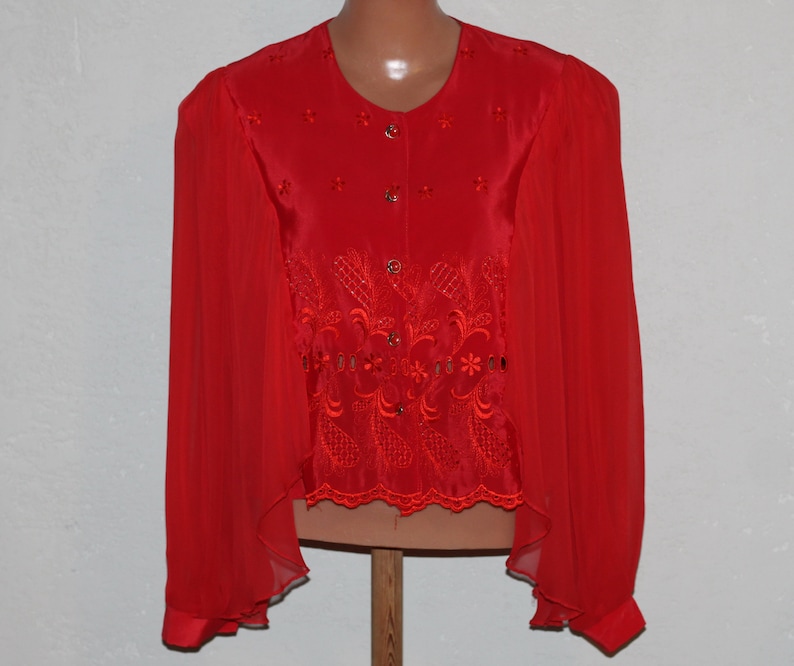 Red Embroidered Crop Luxurious Blouse Long Bat Sleeves Size L