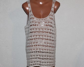 Beige Knitted Lace Pattern Summer Tank Top Blouse Size L/XL