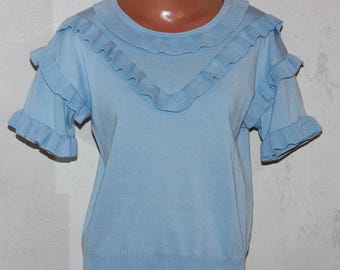 Light Blue Knitted Top Jumper with Ruffles  By Clara Paris Size M