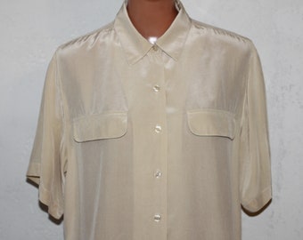 Vintage Beige Silk Short Sleeve Blouse Size M