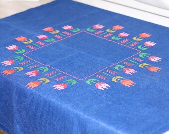 Bright blue linen tablecloth,  Cross stitched tulips, Size 84 x 86 cm - 33 x 34 inches