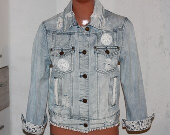 Light Blue Cotton Denim Upcicled Jacket Blazer with Lace Trim Size XS