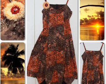Asymmetrical Cotton Midi Dress with Straps Brown Orange Gilded Floral Print Size S
