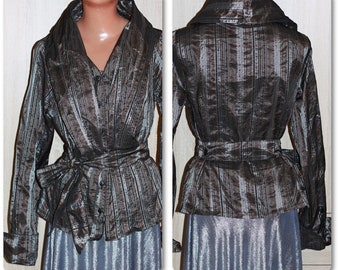 Striped Silver Gray Gothic Style Blouse with Belt Shawl Collar Size M