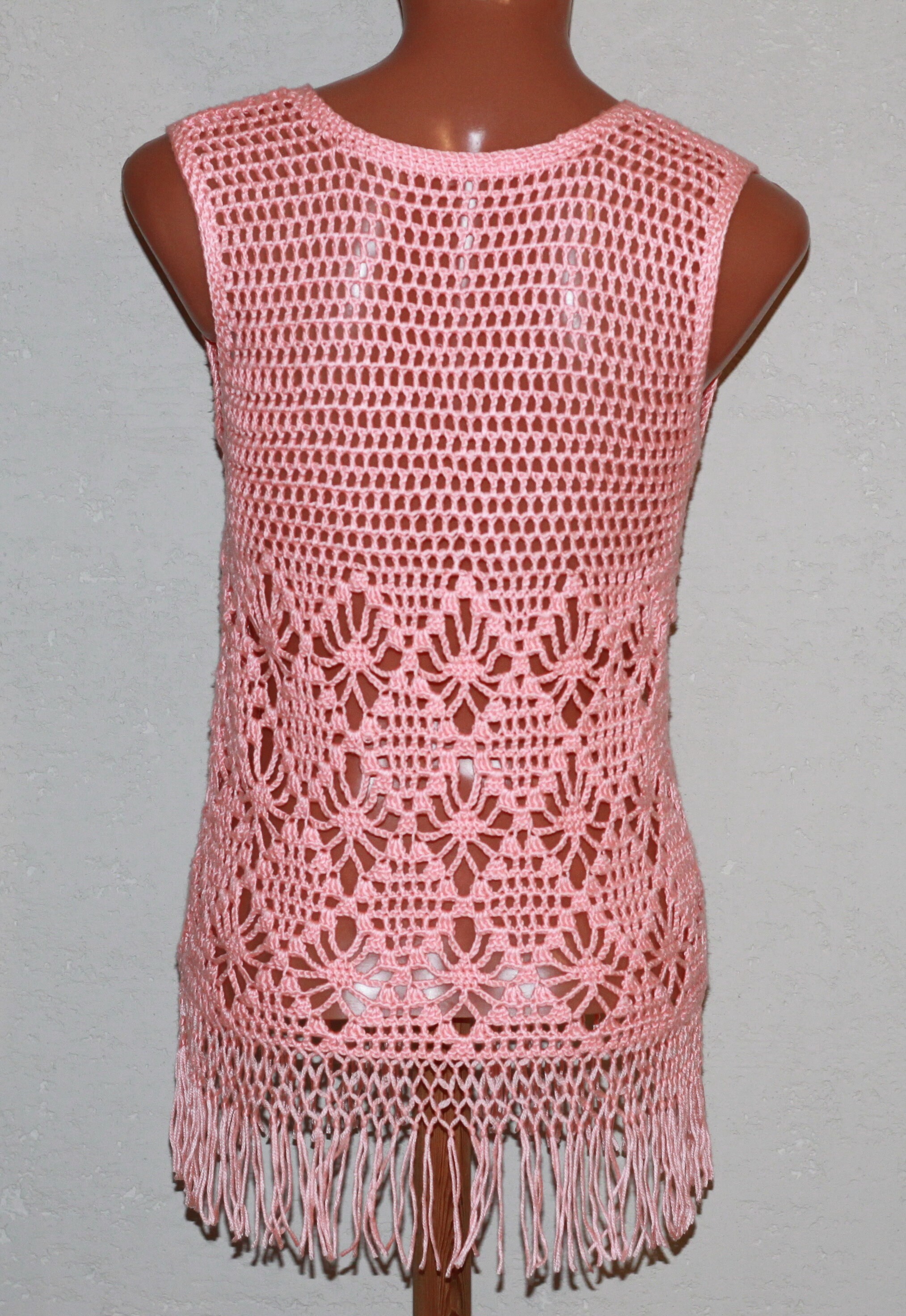 Vintage Coral Pink Crochet Top Tunic With Fringe Size XS - Etsy