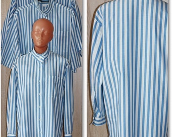 Vintage 80's Blue White Striped Cotton Blouse Set, Made in Finland, Size M/L